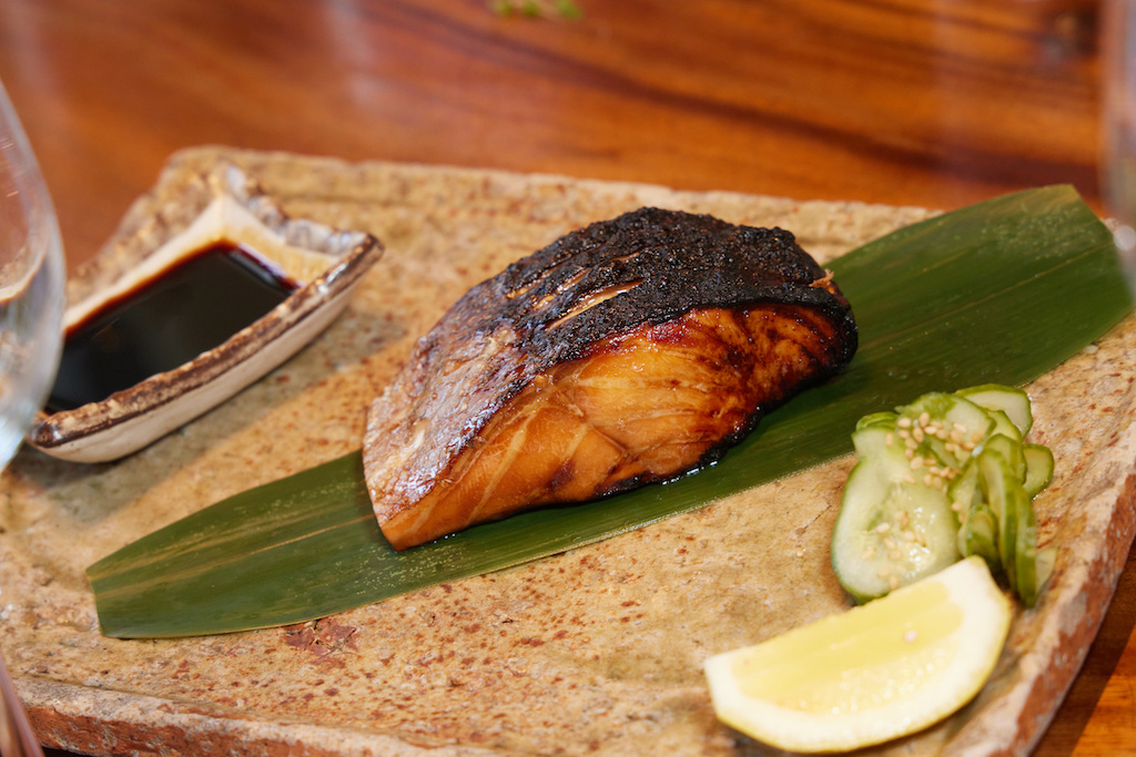 salmon teriyaki with pickled cucumber